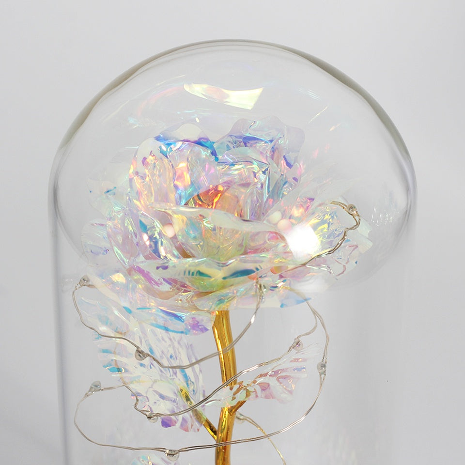 Luminaria Rosa Love Led - Rosa Encantada na Cúpula de Vidro