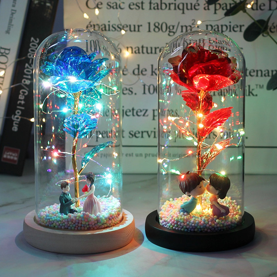 Luminaria Rosa Love Led - Rosa Encantada na Cúpula de Vidro