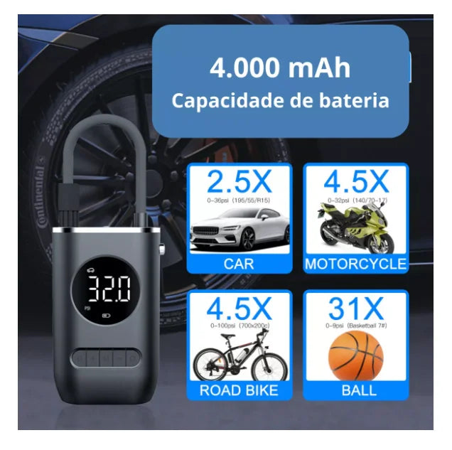 Calibrador de bomba de compressor de ar portátil com lanterna digital para carros, bicicletas e bolas