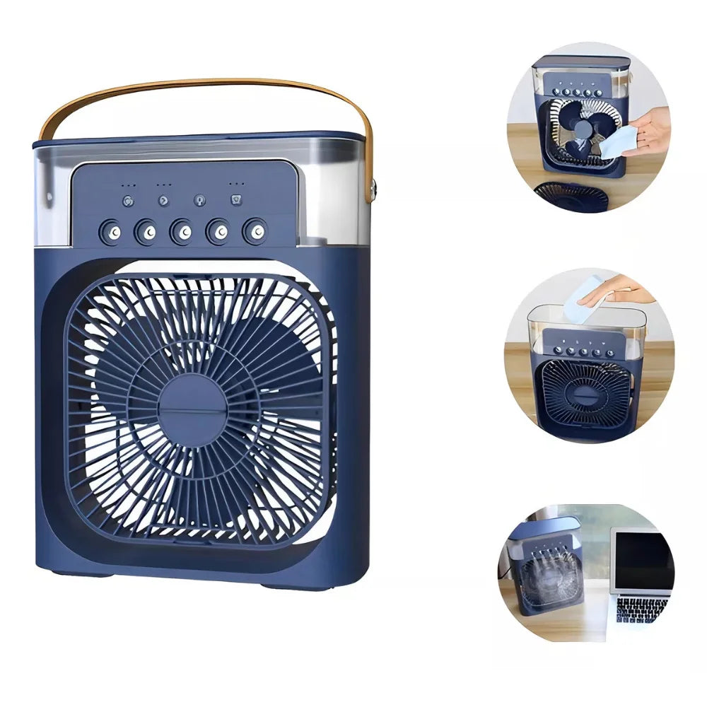Ventilador Portátil Mini Ar Condicionado Led Azul Umidificador 3em1