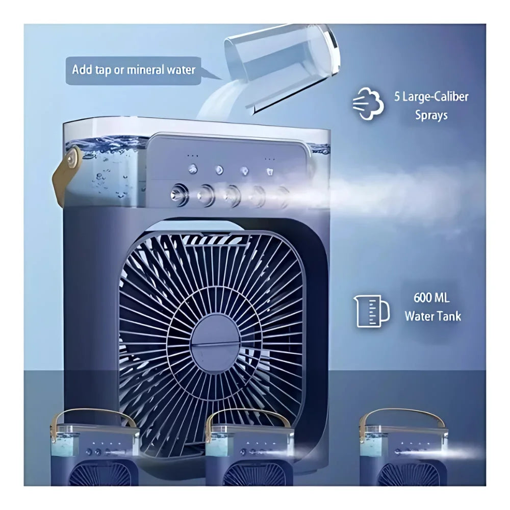 Ventilador Portátil Mini Ar Condicionado Led Azul Umidificador 3em1