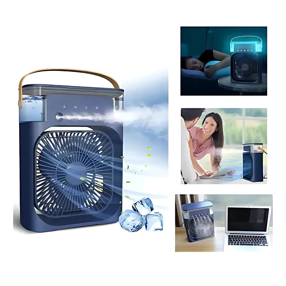 Ventilador Portátil Mini Ar Condicionado Led Azul Umidificador 3em1